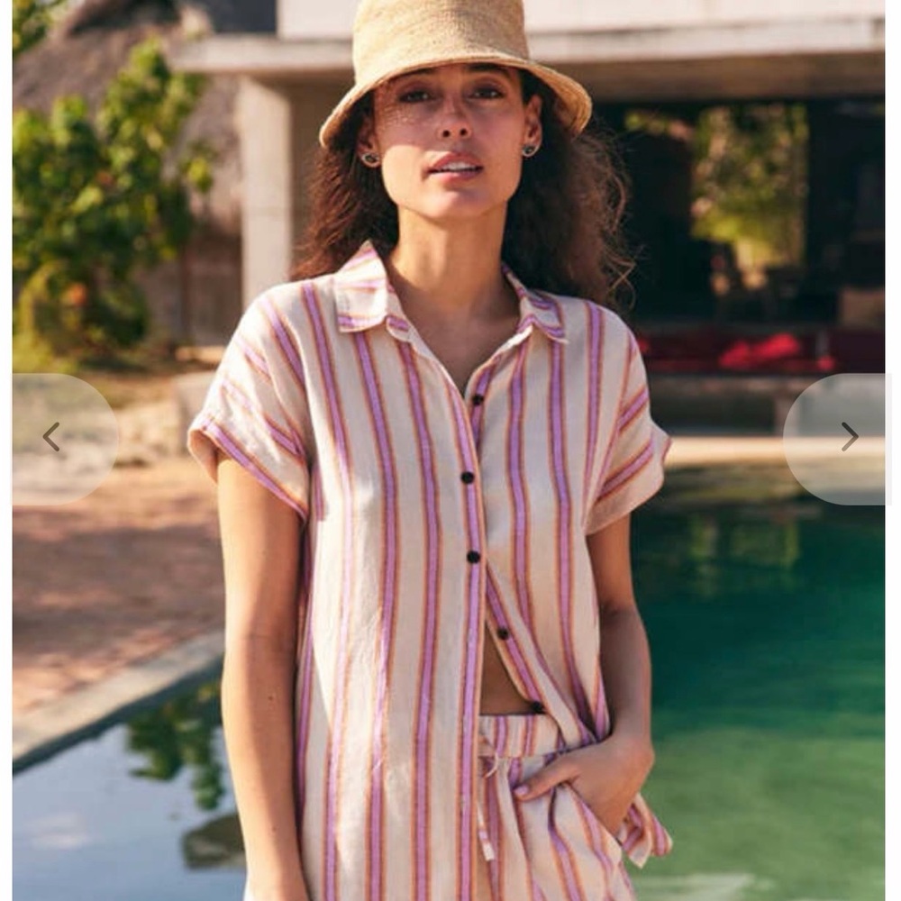 Marine Layer Dana Striped Short-Sleeve Button Front Top - Pink Stripe